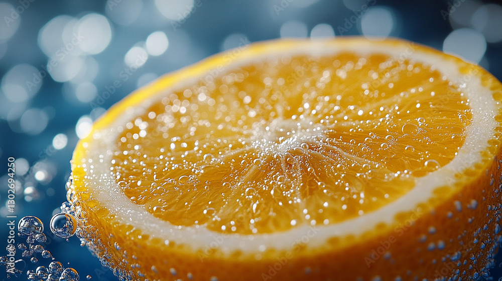 A slice of orange on the background of blue water. Orange-flavored mineral water. A slice of orange on the background of blue water. Orange-flavored mineral water.