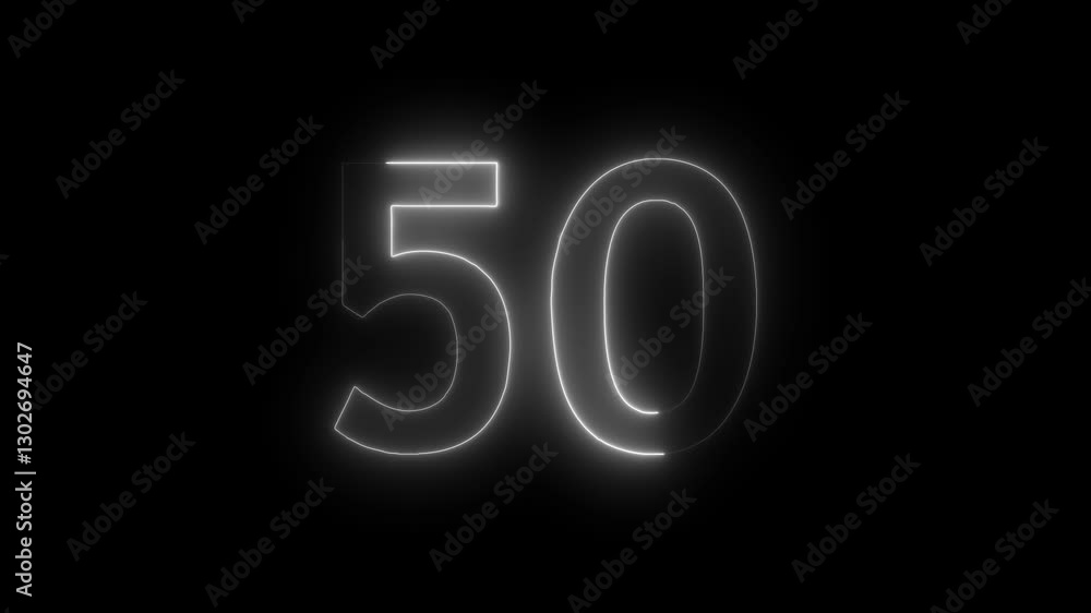 Abstract glowing neon text 50 number countdown icon. Educational mathematics 50 animation on black background. Abstract glowing neon text 50 number countdown icon. Educational mathematics 50 animation on black background.