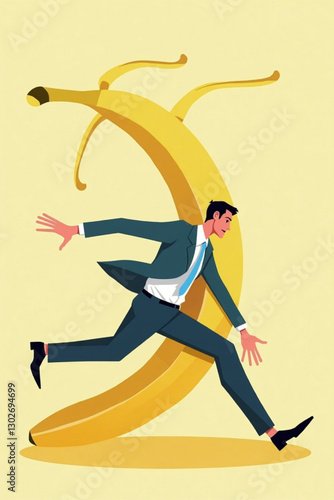 Businessman Slipping on Banana Peel, Depicting Unexpected Challenges, Setbacks, and Risks in Competitive Corporate Environment