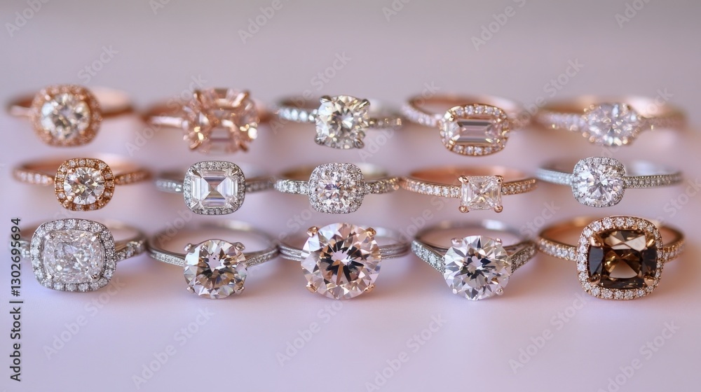 A mix of different diamond ring styles displayed on a delicate pastel background. A mix of different diamond ring styles displayed on a delicate pastel background.