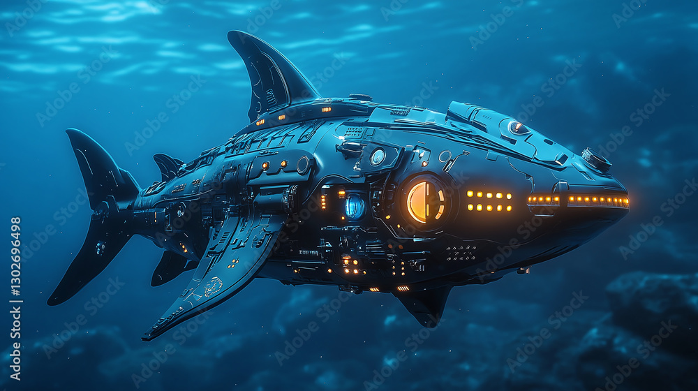 Fototapeta premium Futuristic robotic shark swimming underwater with glowing lights and complex details. The shark's streamlined form suggests speed and high-tech exploration.