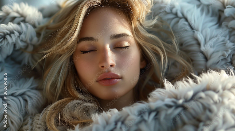 Peaceful Sleeping Woman with Wavy Blonde Hair Wrapped in Soft Fluffy Blanket Peaceful Sleeping Woman with Wavy Blonde Hair Wrapped in Soft Fluffy Blanket
