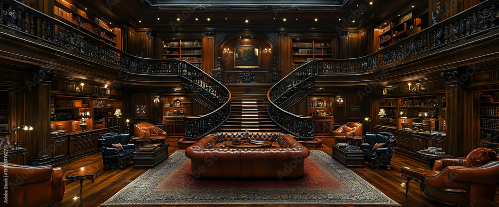 Obraz premium Grand Luxurious Library Interior With Wooden Furniture