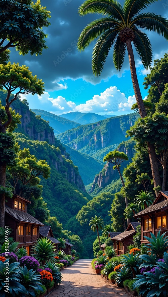 Vibrant Indian Monsoon Landscape showcasing lush greenery, majestic mountains, and charming cottages surrounded by colorful flowers. Concept focuses on Indian Monsoon Landscape aesthetics Vibrant Indian Monsoon Landscape showcasing lush greenery, majestic mountains, and charming cottages surrounded by colorful flowers. Concept focuses on Indian Monsoon Landscape aesthetics