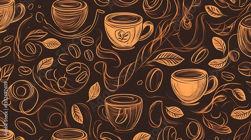 Coffee Cups Leaves And Beans Seamless Pattern Design
