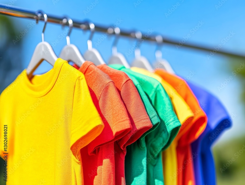 Fototapeta premium Colorful T shirts hanging on clothesline outdoors against bright blue sky swaying in fresh breeze representing sustainable laundry practice