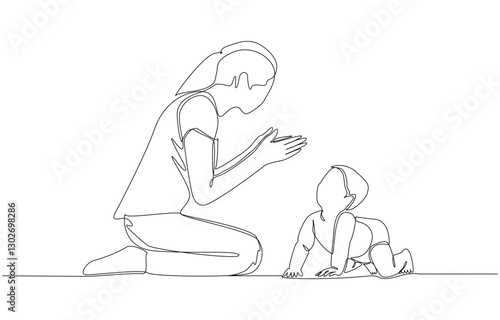 Continuous one line drawing of baby crawling towards happy mother, happy parenting concept, single line art