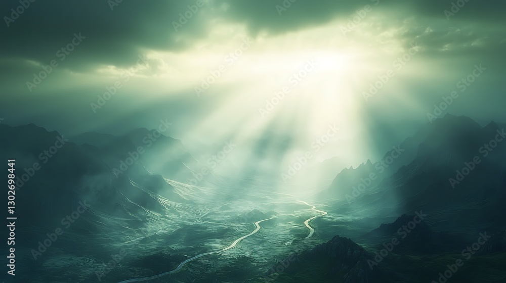 Mountain valley with river, sunlight, dramatic sky, use scenic background Mountain valley with river, sunlight, dramatic sky, use scenic background