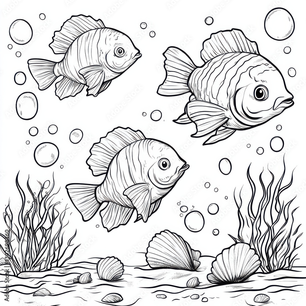 Fototapeta premium a coloring book style image of 3 different fish, surrounded by a few bubbles, and some sea shells scattered on the ocean floor 