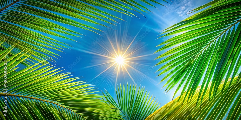 Minimalist Green Coconut Leaf Frame, Sunlit Sky Background - Stock Photo Minimalist Green Coconut Leaf Frame, Sunlit Sky Background - Stock Photo
