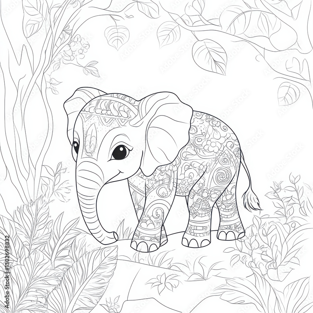 Obraz premium A coloring page featuring a simple, cute elephant. The subject should be stylized with fine outlines and minimal shading,
