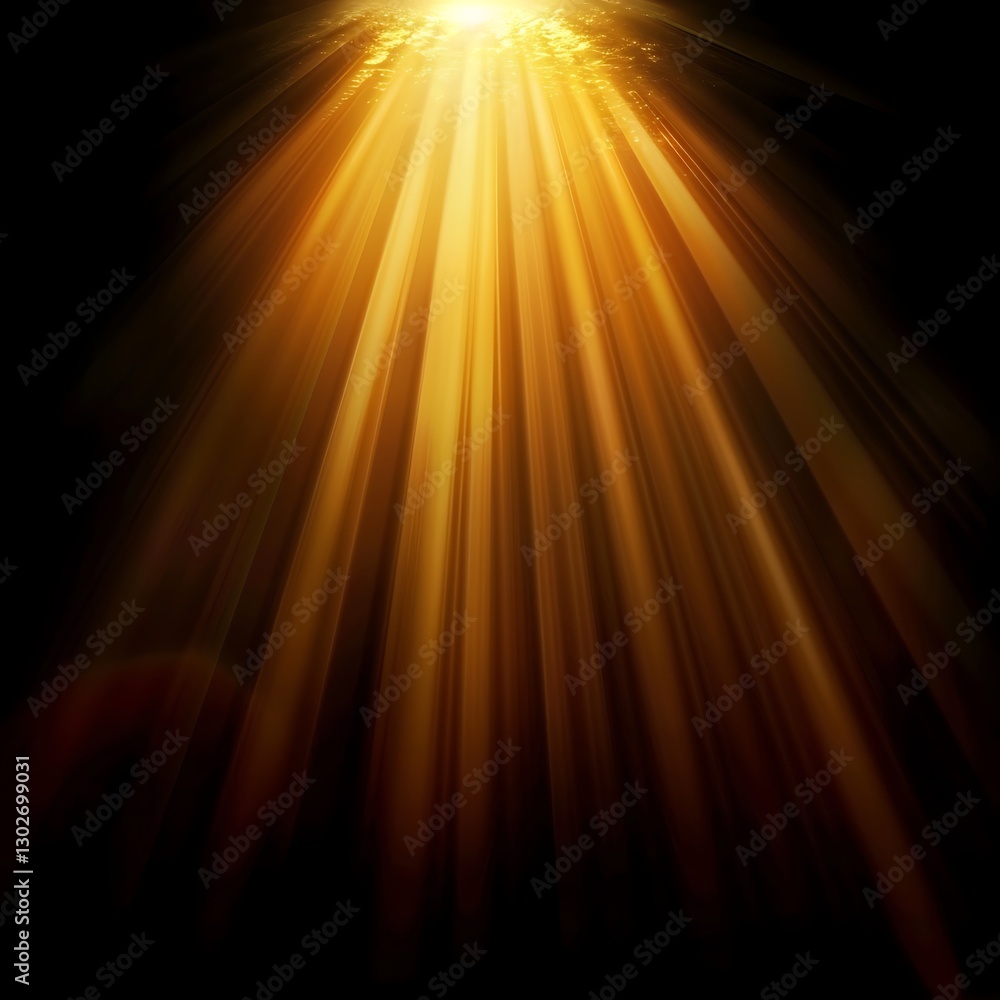 Naklejka premium Golden light rays shining down intensely on a dark background. Abstract and ethereal illumination with dramatic beams of warm light.