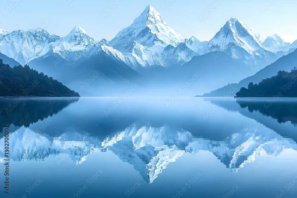 Fototapeta premium Snowy Mountains Reflecting On Calm Lake
