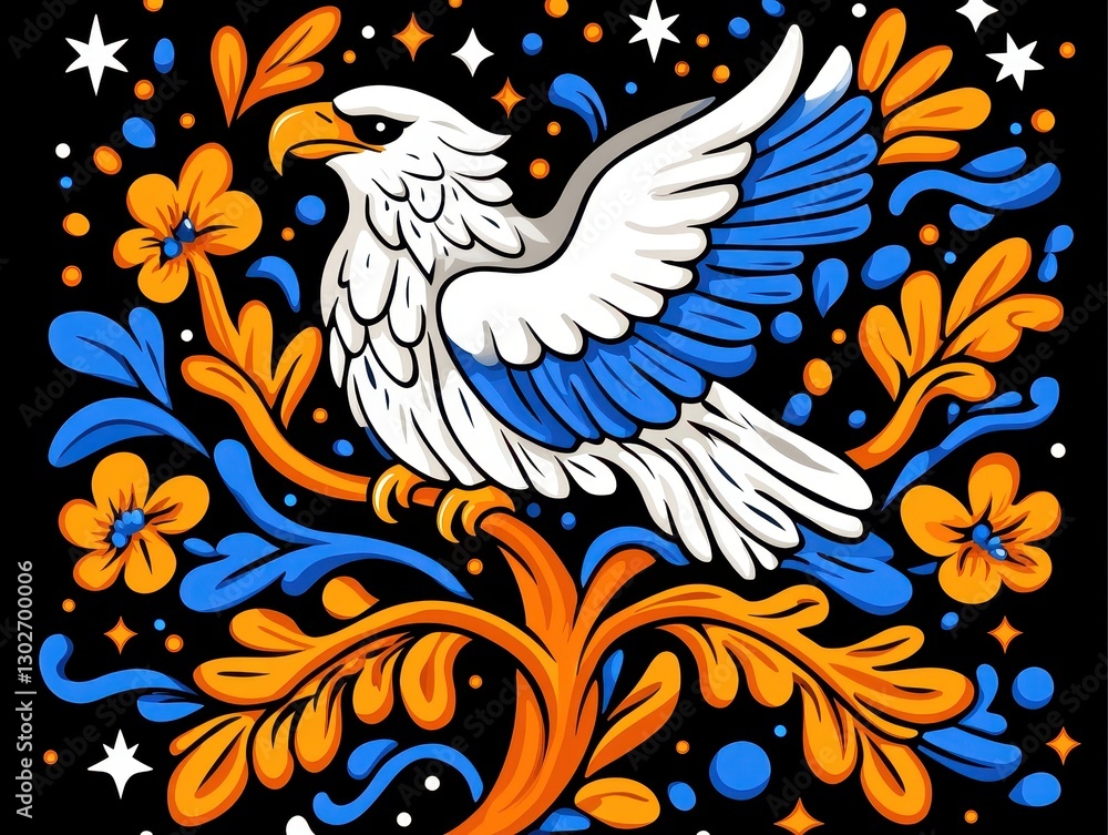 Fototapeta premium Colorful illustration of an eagle perched on a vibrant tree with flowers