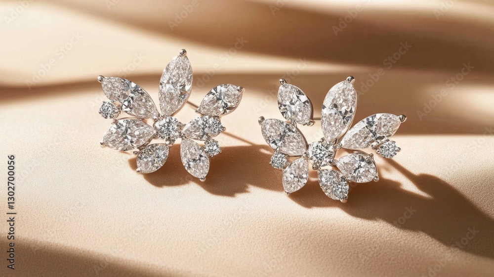 Fototapeta premium Dazzling cluster diamond earrings arranged on a champagne-colored surface.