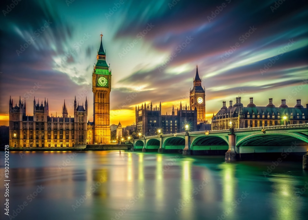 Fototapeta premium Minimalist London Dusk: Big Ben & Green Light - Stock Photo