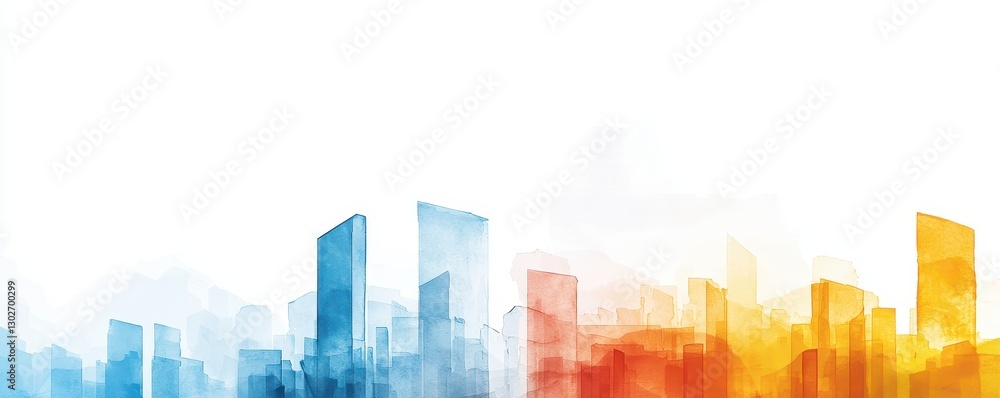 Obraz premium An abstract watercolor cityscape featuring tall buildings in shades of blue, orange, and red against a light background, evoking a modern, vibrant atmosphere.