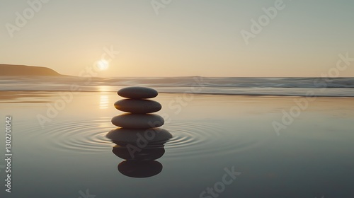 Serene sunset beach; stacked stones in calm water; ocean waves; peaceful scene; meditation imagery