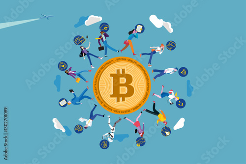 Business people walking around bitcoin cryptocurrency discussing future of digital money