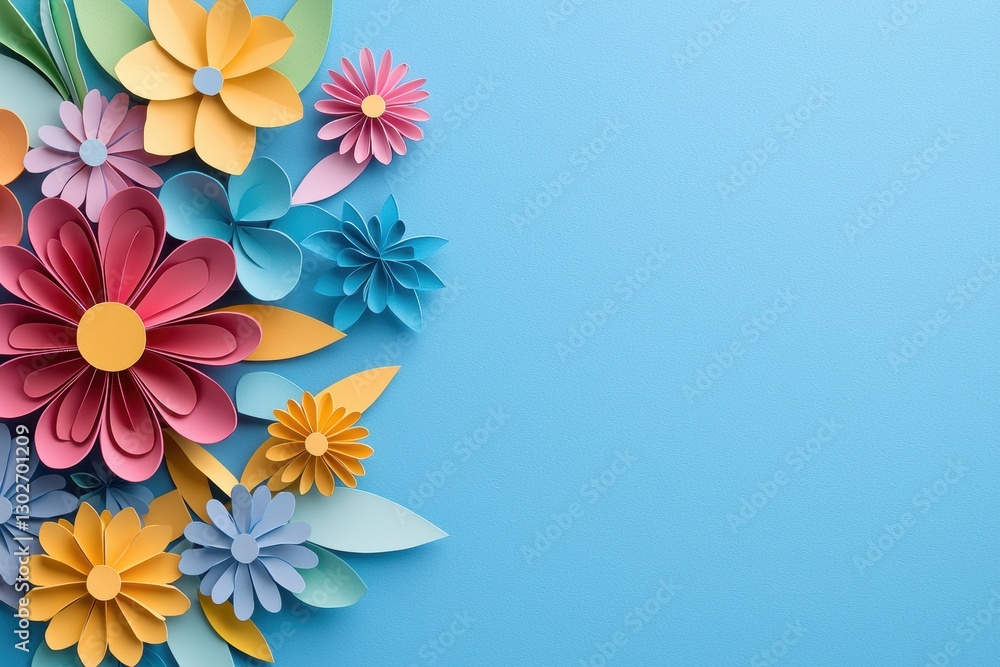 Obraz premium A vibrant arrangement of colorful paper flowers against a light blue background, showcasing creativity and craft.