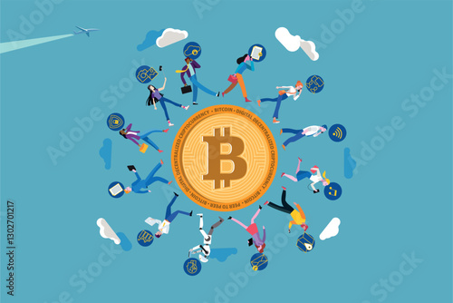 Business people walking around bitcoin cryptocurrency discussing future of digital money