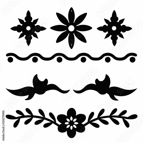 set of floral elements Mexican decorative border vector illustration