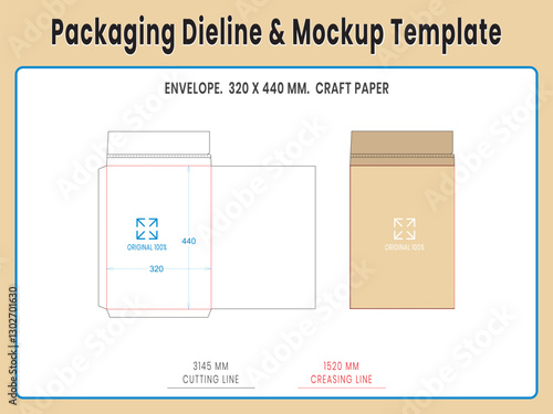 Envelope 320 x 440 mm. Craft Paper. Dieline Real Shape and Dimension. Mockup Template. Equipped die cut lengths prepared for production.