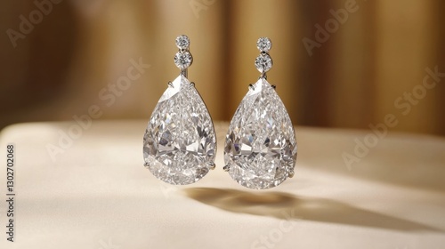 Stunning pear-shaped diamond drop earrings showcased on a creamy ivory background.