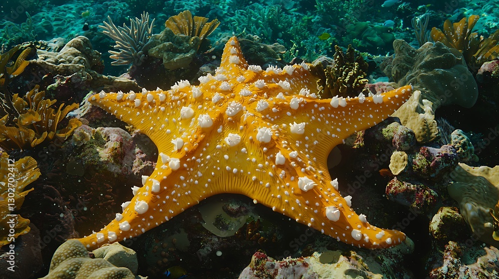 Starfish lies on seabed with coral and fish in water for nature stock photo Starfish lies on seabed with coral and fish in water for nature stock photo