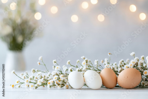 A decorative Easter garland made of flowers, eggs 