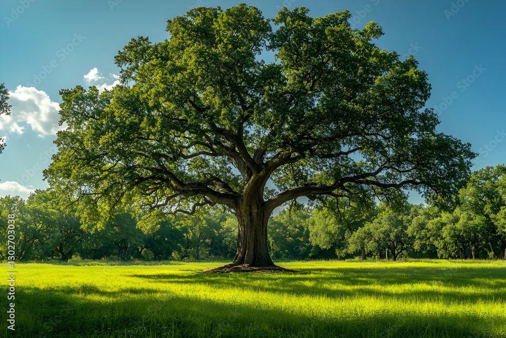 Large Oak Tree In A Field Under Sunny Sky