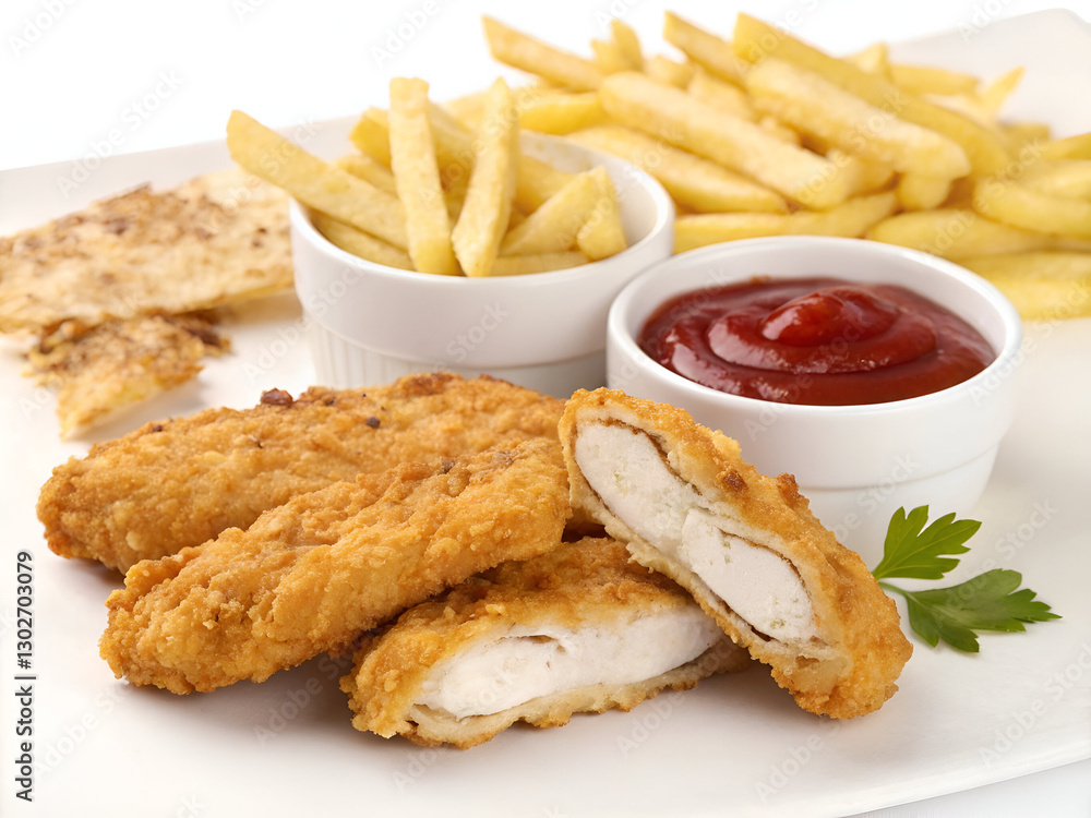 Crispy golden chicken strips served with a side of rich ketchup, isolated on a clean white background for food photography and advertising. Crispy golden chicken strips served with a side of rich ketchup, isolated on a clean white background for food photography and advertising.
