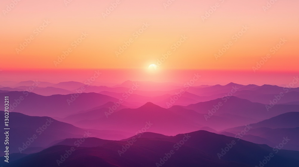 Majestic sunset over layered mountains creating a vibrant gradient of colors in the sky with soft silhouettes of peaks in the background Majestic sunset over layered mountains creating a vibrant gradient of colors in the sky with soft silhouettes of peaks in the background