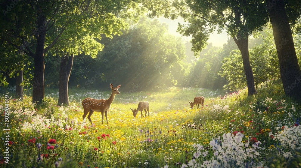 Fototapeta premium Sunlit meadow forest clearing tranquil deer grazing in natural wildlife setting