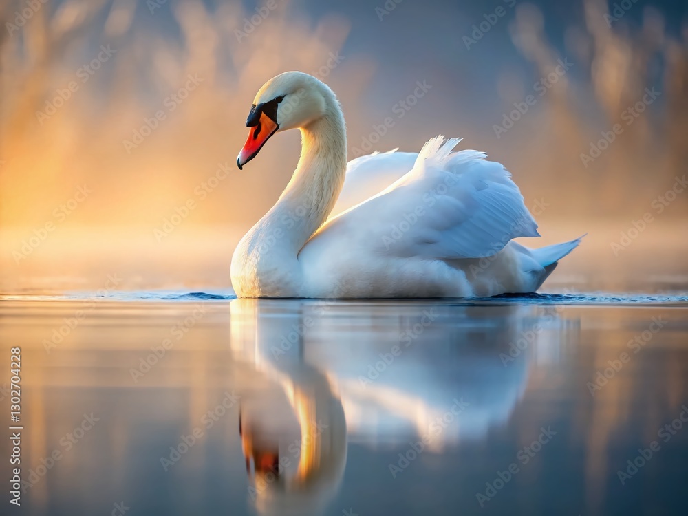 Fototapeta premium Minimalist White Swan Swimming Gracefully in Serene Water