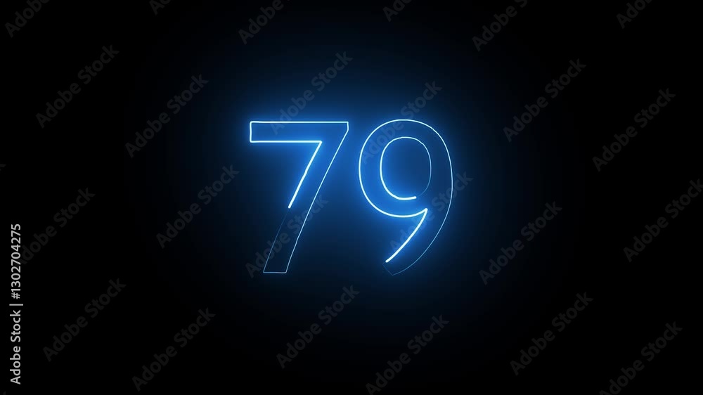 Abstract glowing neon text 79 number countdown icon. Educational mathematics 79 animation on black background. Abstract glowing neon text 79 number countdown icon. Educational mathematics 79 animation on black background.