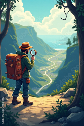 Exploring Unknown Territory: Adventurer Using Magnifying Glass to Locate Destinations on City Map