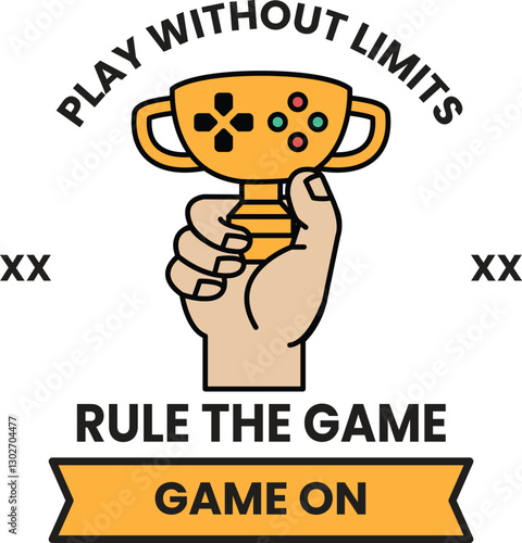 A hand holding a trophy with the words "Play Without Limits" written on it