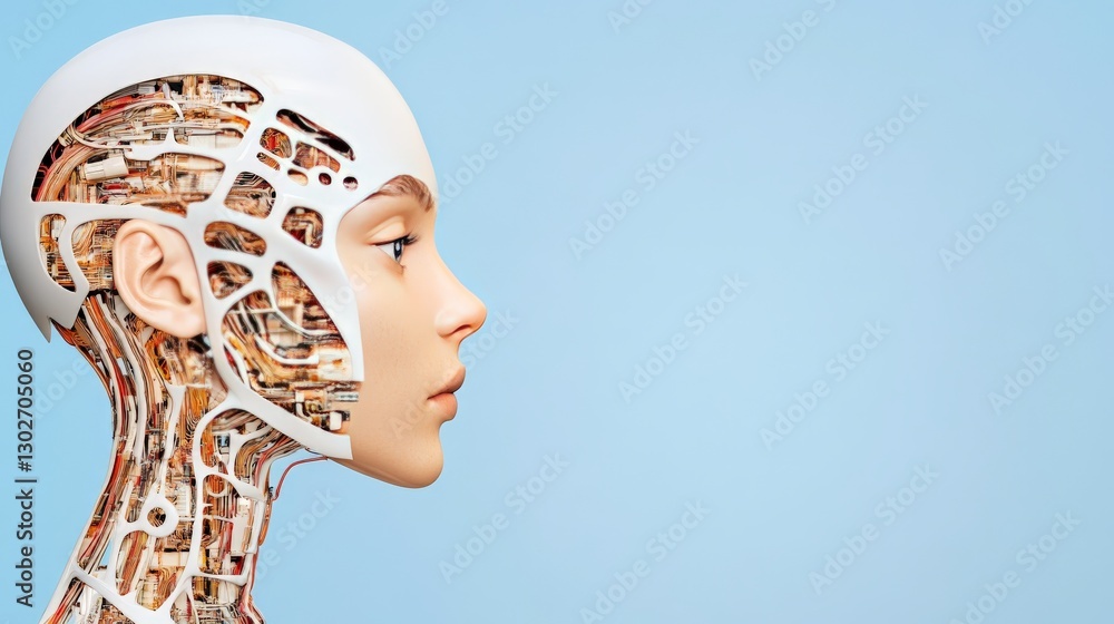 Female humanoid robot with exposed cybernetic components and futuristic AI driven cognitive processing in sleek sci fi design
