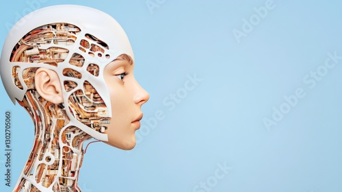 Obraz na płótnie Female humanoid robot with exposed cybernetic components and futuristic AI driven cognitive processing in sleek sci fi design w salonie