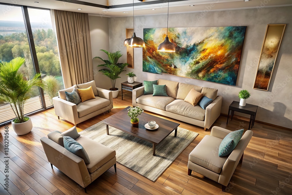Fototapeta premium Modern Beige Living Room Interior with Abstract Silhouette Art & Comfortable Seating