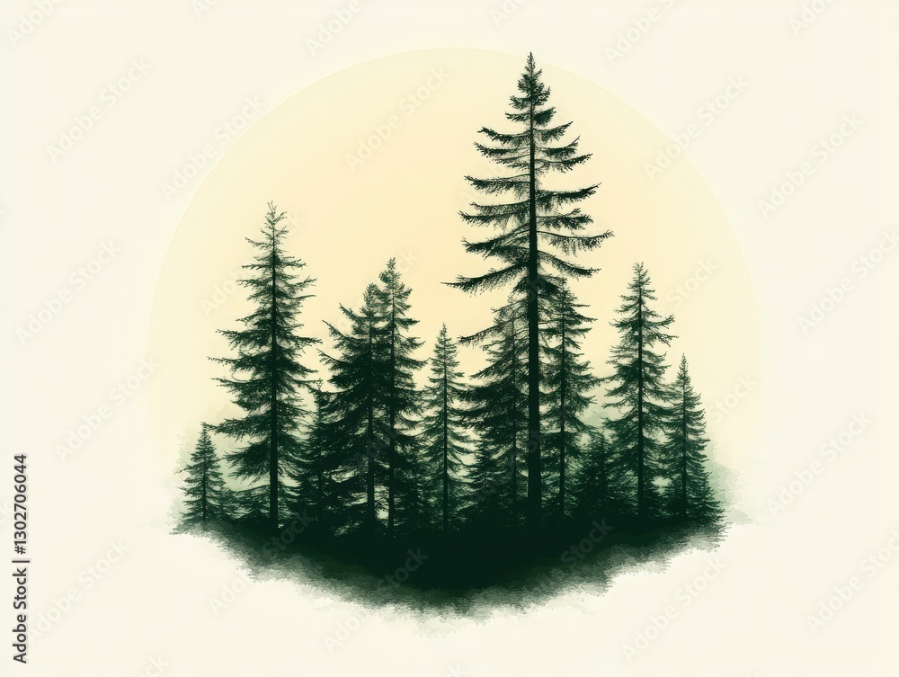 Fototapeta premium Dense evergreen pine forest silhouette illustration with warm sunset gradient backdrop evoking tranquility and natural beauty ideal for environmental themes