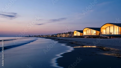 Serene beachfront at dusk featuring modern architecture with soft waves and distant city skyline