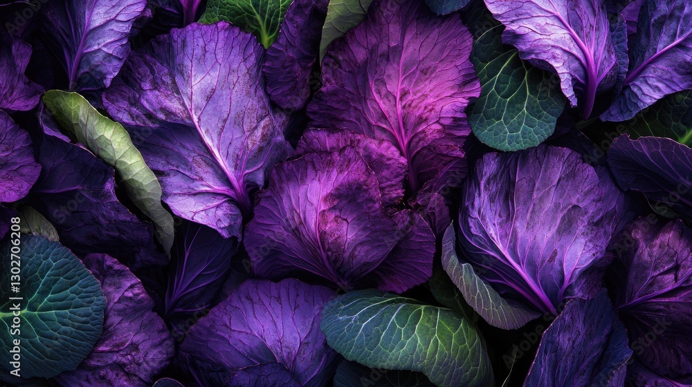 Obraz premium Vibrant Purple Cabbage Leaves Laying Over Lush Green Background