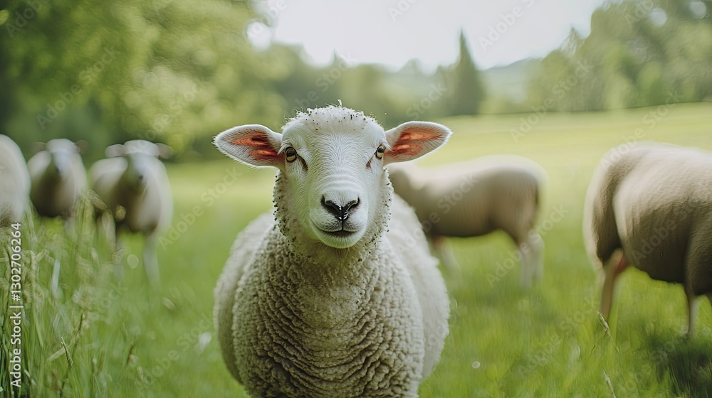 Fototapeta premium Close-up of a Sheep in a Green Pasture with Other Sheep Behind
