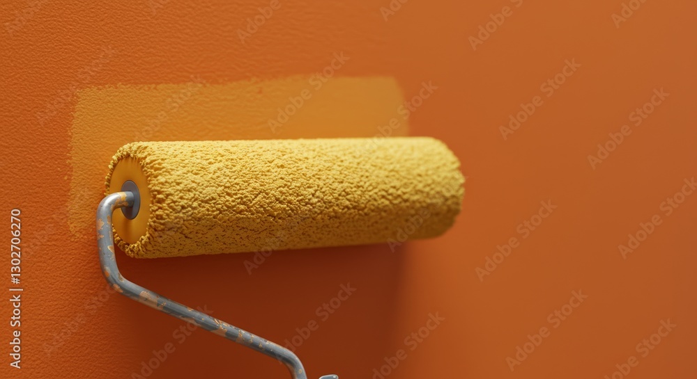 Obraz premium Vibrant Orange Wall Accentuated by a Yellow Paint Roller, Creating a Fresh Aesthetic