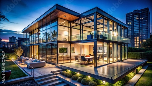 Wallpaper Mural Modern City House at Night, Glass Facade, Illuminated Windows, Architectural Detail, Low Light Photography Torontodigital.ca