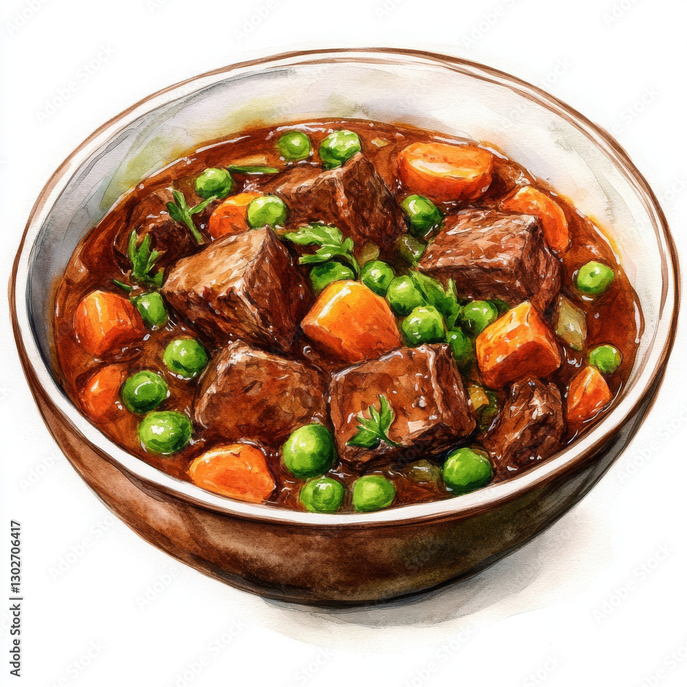 Delicious beef stew with carrots and peas in bowl, perfect for comfort food Delicious beef stew with carrots and peas in bowl, perfect for comfort food