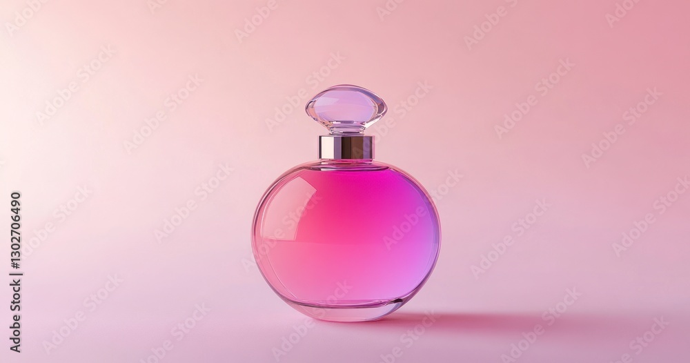 pink and purple glass perfume bottle with an oval cap, centered on a pastel background. The bottle is simple yet elegant, featuring soft curves that highlight its round shape pink and purple glass perfume bottle with an oval cap, centered on a pastel background. The bottle is simple yet elegant, featuring soft curves that highlight its round shape