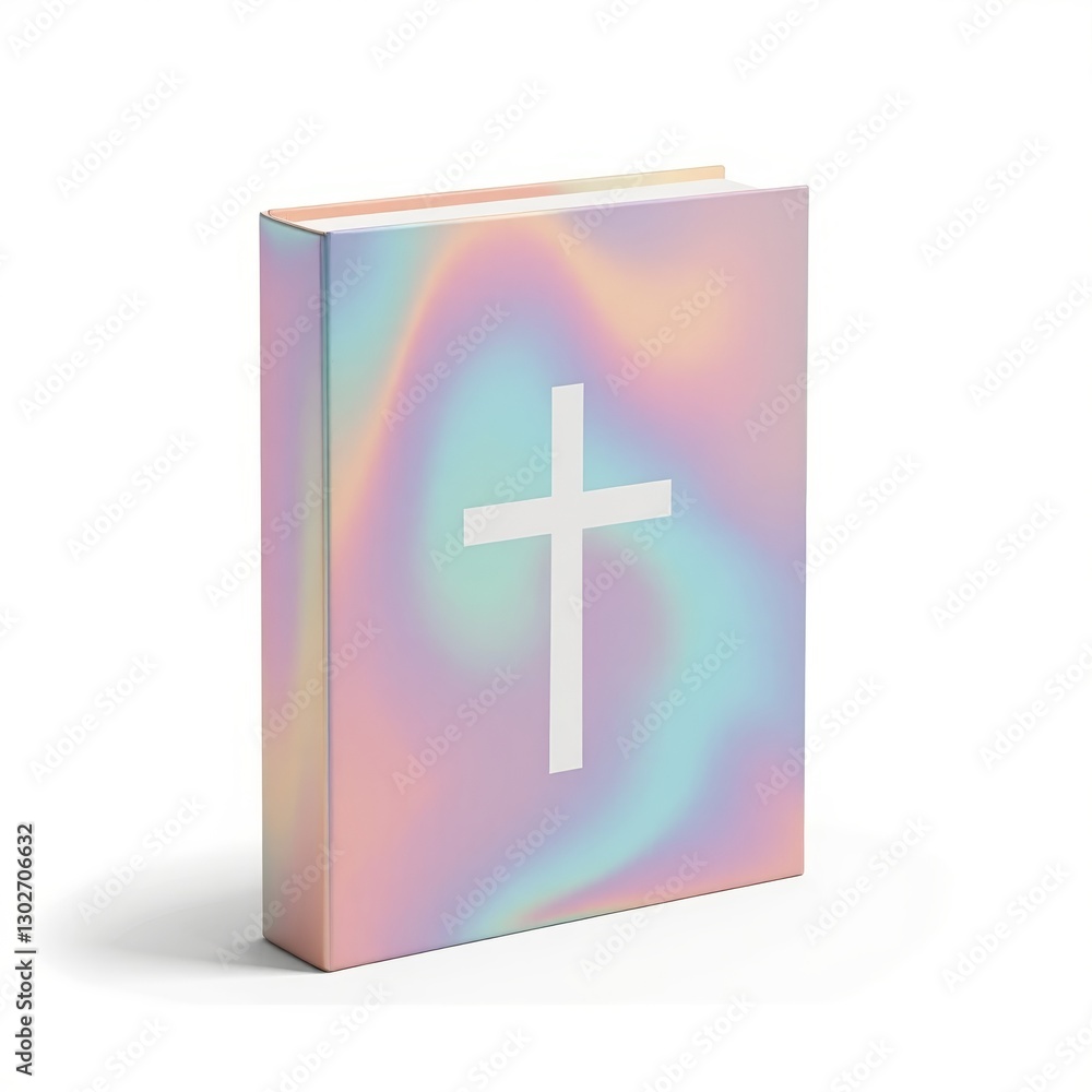 Fototapeta premium Holographic book with cross design on white background